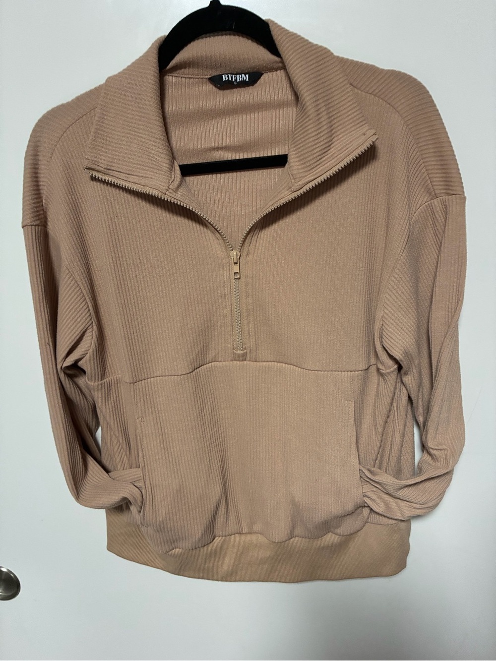 BTFBM Ribbed Half-Zip Pullover in Taupe